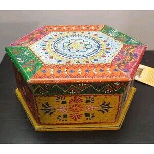 Journeys East Collection Hand painted Wooden Octagon Box From India